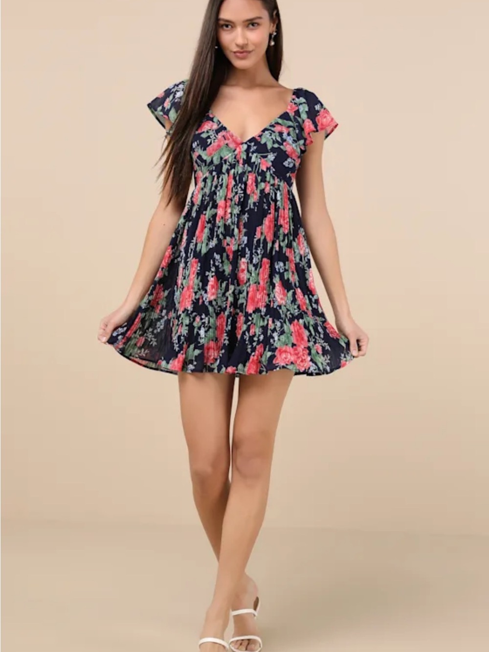 NWOT Lulus Amalfi Coast Dark Navy Floral Pleated Flutter Sleeve Mini Dress